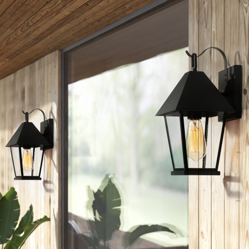 Modern Black Outdoor Pendant Light, 1-Light Outdoor Wall Lantern Sconce Light with Seeded Glass Shade
