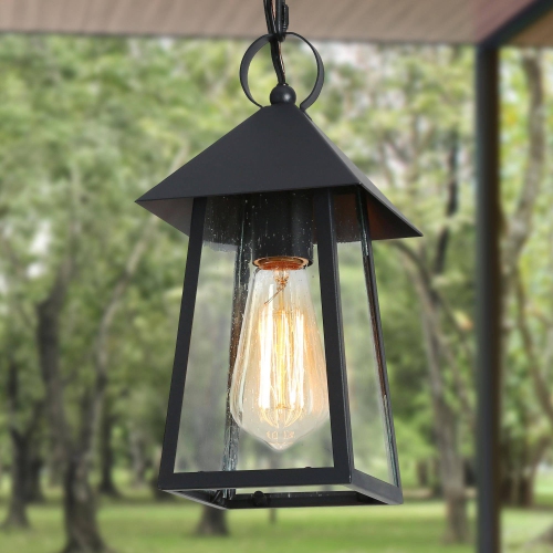 UOLFIN  Modern Farmhouse Metal Outdoor Hanging Lights, 1-Light Classic Outdoor Pendant Light With Seeded Glass Shade In Black