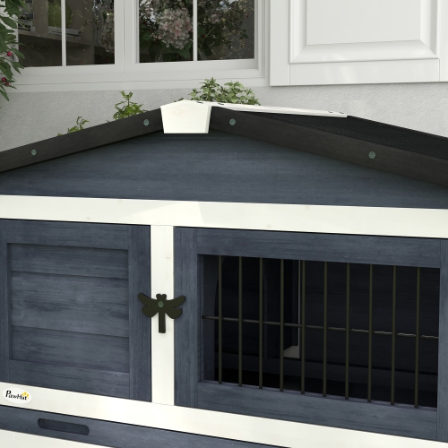 PawHut Solid Wood Rabbit Hutch Bunny Cage Pet Guinea Pig House Outdoor Small Animal Habitat w/ Ramp, Weather-Resistant Asphalt Openable Roof,