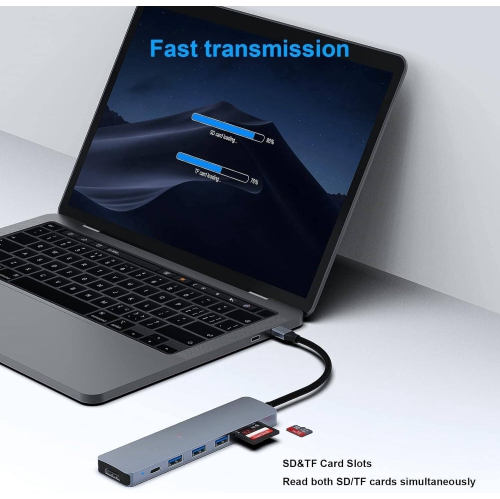 USB C HUB 7in1, USB C HUB Multiport Adapter with USB-C to HDMI, Compatible with iPhone 15 Pro/Max, iPad Pro, iMac,MacBook, S23, XPS17 Gray