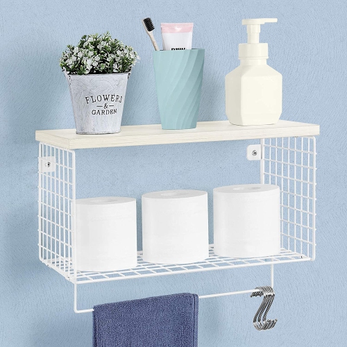 HIKOLAYAE  Wall Hanging Shelf With Hooks Entrance Shelf With Storage Shelves Coat Rack - In White