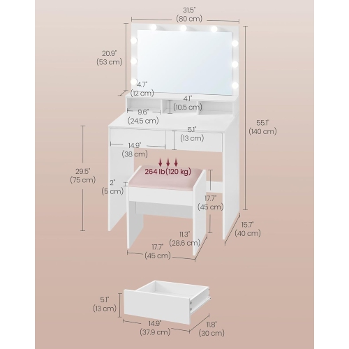 VASAGLE Makeup Desk with Adjustable Brightness, 2 Drawers, 3 Compartments, Modern Design, Cloud White and Jelly Pink