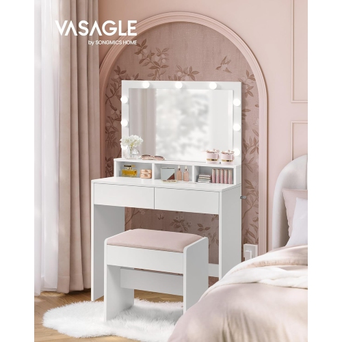 VASAGLE Makeup Desk with Adjustable Brightness, 2 Drawers, 3 Compartments, Modern Design, Cloud White and Jelly Pink