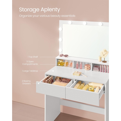 VASAGLE Makeup Desk with Adjustable Brightness, 2 Drawers, 3 Compartments, Modern Design, Cloud White and Jelly Pink