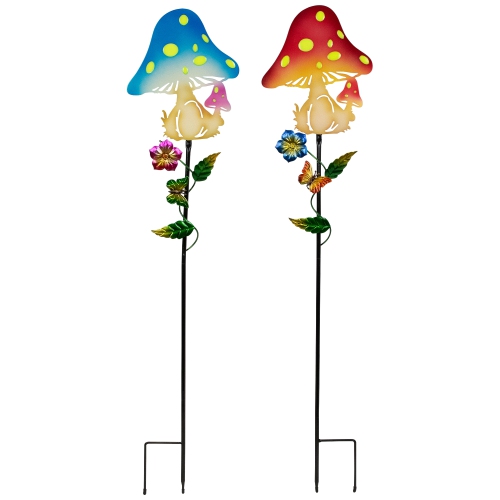 NORTHLIGHT  Solar Powered Mushroom Outdoor Garden Stakes - 36" - Set Of 2