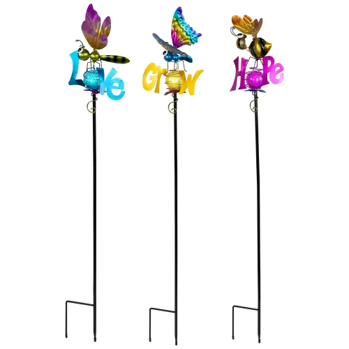 Solar Lighted Grow, Love and Hope Outdoor Garden Stakes - 35" - Set of 3