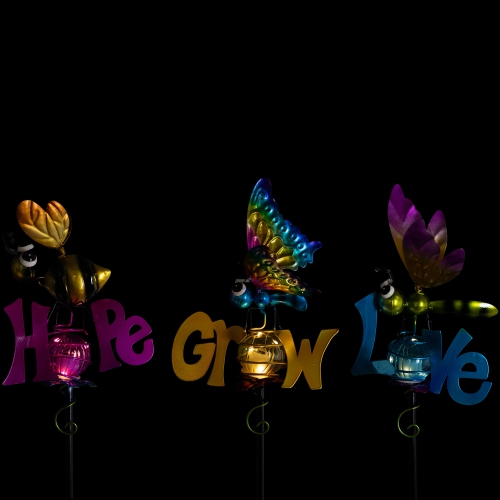 Solar Lighted Grow, Love and Hope Outdoor Garden Stakes - 35" - Set of 3