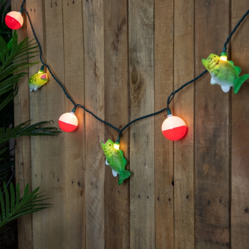 NORTHLIGHT  Bass Fish And Bobber Patio Light Set - 6' Wire - 10Ct In Green Let your neighbors know you love the fish