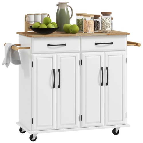 HOMCOM Kitchen Island with Storage, Rolling Kitchen Cart on Wheels with 2 Drawers, 2 Cabinets, Rubberwood Top and Towel Racks