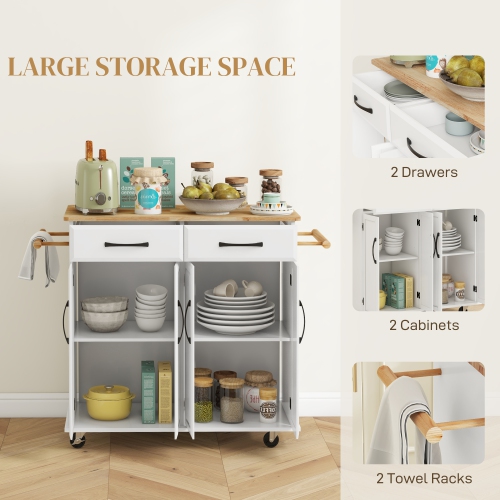 HOMCOM – îlot de cuisine avec rangement, chariot de cuisine sur roulettes à 2 tiroirs, 2 armoires, dessus en hévéa et porte-serviettes