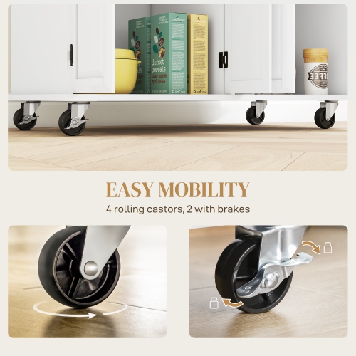 HOMCOM – îlot de cuisine avec rangement, chariot de cuisine sur roulettes à 2 tiroirs, 2 armoires, dessus en hévéa et porte-serviettes