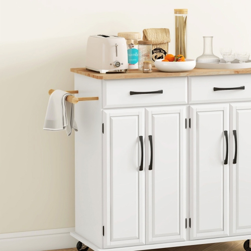 HOMCOM – îlot de cuisine avec rangement, chariot de cuisine sur roulettes à 2 tiroirs, 2 armoires, dessus en hévéa et porte-serviettes