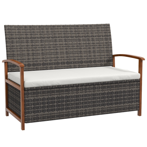 Image 1 of 9.. Outsunny 2-Seater Outdoor Rattan Bench with Cushion, PE Rattan Patio Outdoor Couch with Armrests, Patio Loveseat with Storage Function, for