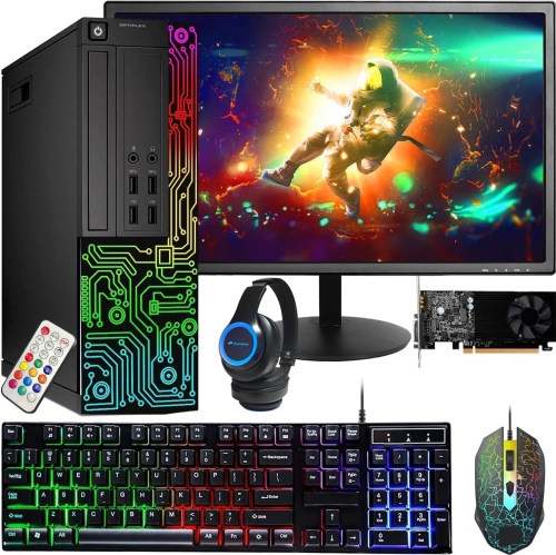 DELL  Optiplex Desktop RGB Gaming PC, Intel Core I5, Geforce Gt 1030, 16GB, 512GB SSD, 24 Inch HDMI Monitor, RGB Keyboard Mouse And Headset, Wifi