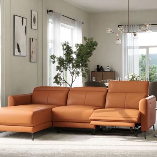 Valencia Andria Leather Reclining Sectional Sofa Left Hand Chaise, Cognac