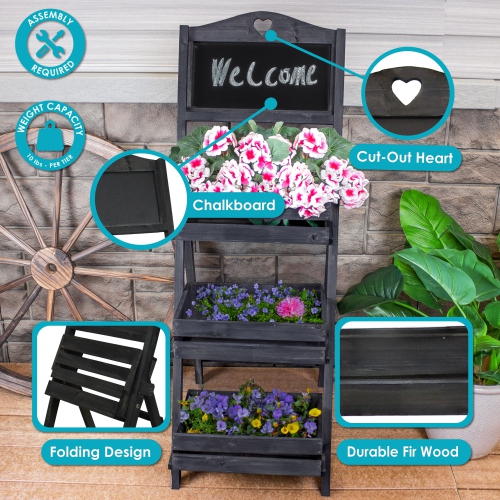 Sunnydaze Country Heart Ladder Plant Stand with Chalkboard - Black