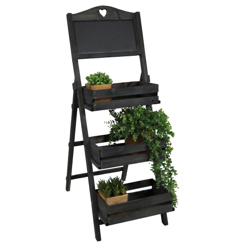 Sunnydaze Country Heart Ladder Plant Stand with Chalkboard - Black