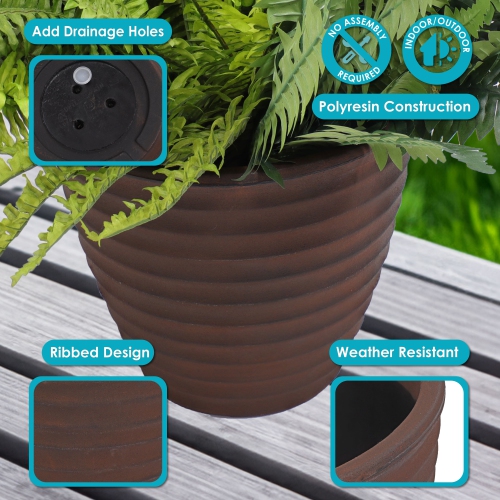 Sunnydaze 13 in Ribbed Polyresin Outdoor Planter - Rust