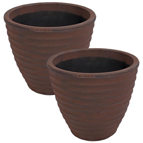 SUNNYDAZE DECOR  Sunnydaze 13 In Ribbed Polyresin Outdoor Planter - Rust - Set Of 2
