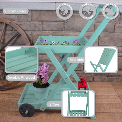 Sunnydaze 2-Tier Fir Wheeled Planter Stand - Robin Egg Blue