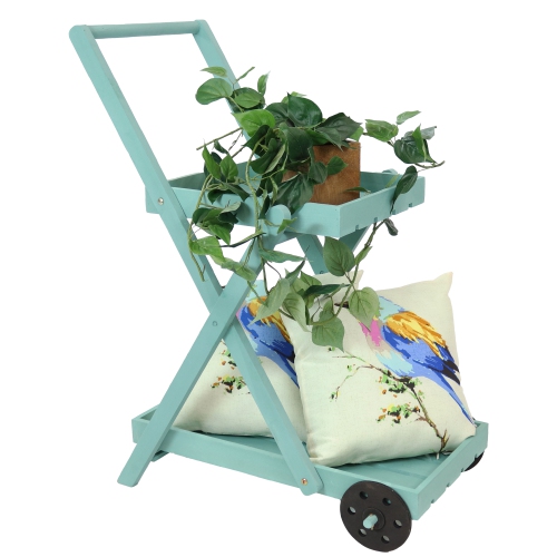 Sunnydaze 2-Tier Fir Wheeled Planter Stand - Robin Egg Blue