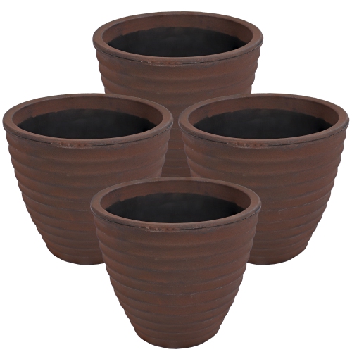 Sunnydaze 16 in Ribbed Polyresin Outdoor Planter - Rust - Set of 4