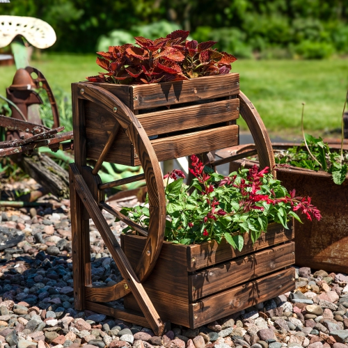 Sunnydaze 2-Tier Fir Wood Wagon Wheel Planter