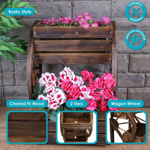 Sunnydaze 2-Tier Fir Wood Wagon Wheel Planter