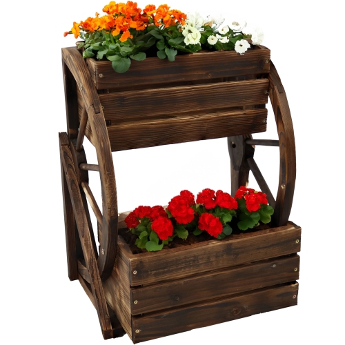 Sunnydaze 2-Tier Fir Wood Wagon Wheel Planter