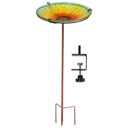 Sunnydaze Deck-Mounted Glass Bird Bath with Stake - Blooming Sunflower