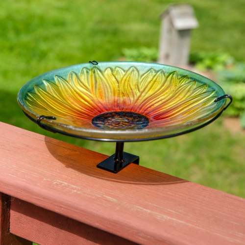 Sunnydaze Deck-Mounted Glass Bird Bath with Stake - Blooming Sunflower
