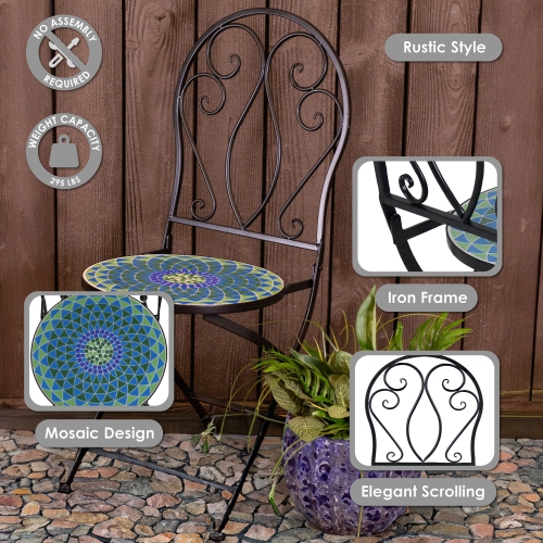 Sunnydaze Mosaic Tile Bistro Chair with Iron Frame - 2-Pack