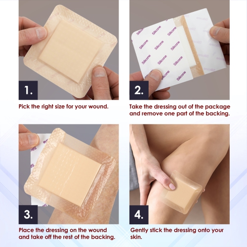 MEDca Silicone Foam Dressing w/Adhesive Border 4"x4" Waterproof Silicone Bandages for Wounds, Highly-Absorbent Wound Dressing Bandage Care for Bed