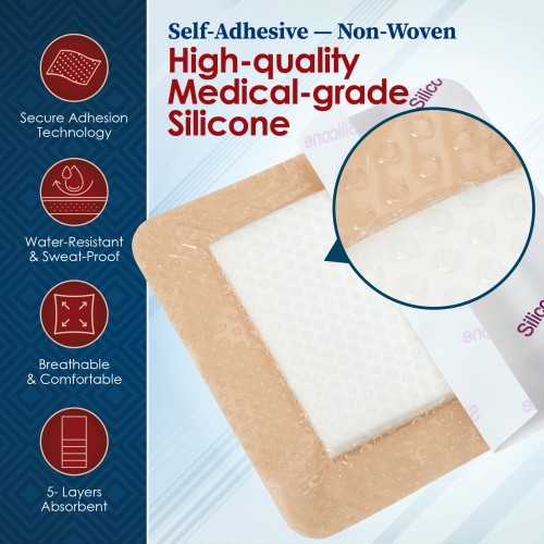 MEDca Silicone Foam Dressing w/Adhesive Border 4"x4" Waterproof Silicone Bandages for Wounds, Highly-Absorbent Wound Dressing Bandage Care for Bed