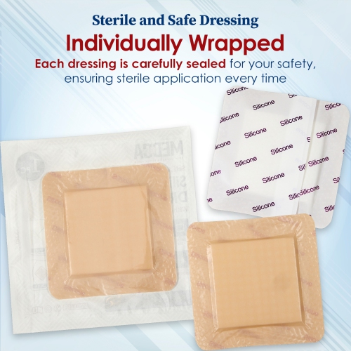 MEDca Silicone Foam Dressing w/Adhesive Border 4"x4" Waterproof Silicone Bandages for Wounds, Highly-Absorbent Wound Dressing Bandage Care for Bed