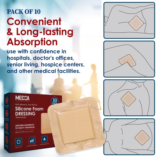 MEDca Silicone Foam Dressing w/Adhesive Border 4"x4" Waterproof Silicone Bandages for Wounds, Highly-Absorbent Wound Dressing Bandage Care for Bed