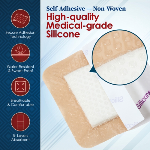 MEDca Silicone Foam Dressing w/Adhesive Border 3"x3" Waterproof Silicone Bandages for Wounds, Highly-Absorbent Wound Dressing Bandage Care for Bed
