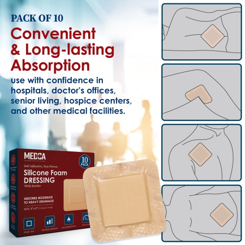 MEDca Silicone Foam Dressing w/Adhesive Border 3"x3" Waterproof Silicone Bandages for Wounds, Highly-Absorbent Wound Dressing Bandage Care for Bed