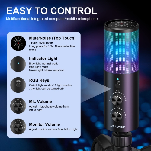 USB Gaming Microphone,PC Computer Condenser Mic with Gain,RGB Light for Recording,Podcasting,Streaming,YouTube, Twitch,Skype,Compatible with PS5 PS4