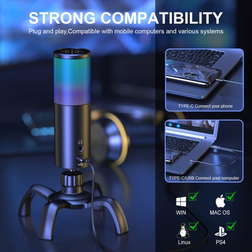 USB Gaming Microphone,PC Computer Condenser Mic with Gain,RGB Light for Recording,Podcasting,Streaming,YouTube, Twitch,Skype,Compatible with PS5 PS4