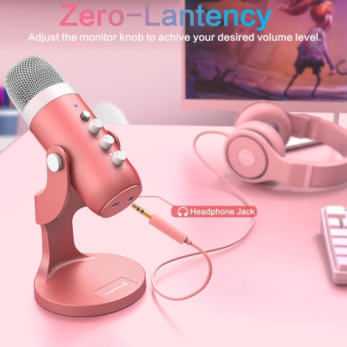 Gaming USB Microphone,Pink Microphone with Quick Mute for Phone Computer PC PS5,Studio Mic with Gain Control,Echo&Monitor Volume Adjust for Streaming