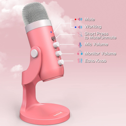 Gaming USB Microphone,Pink Microphone with Quick Mute for Phone Computer PC PS5,Studio Mic with Gain Control,Echo&Monitor Volume Adjust for Streaming