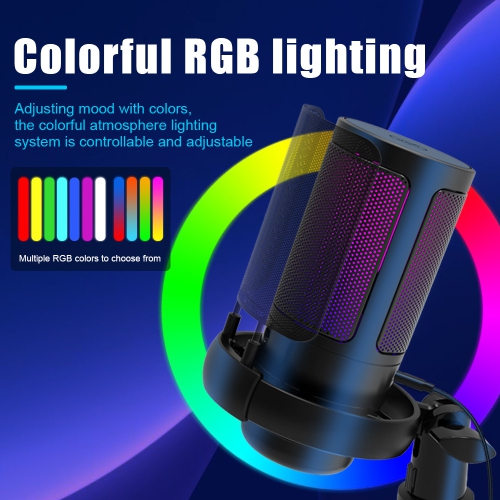 RGB USB Microphone for Gaming, Streaming & Podcasting, Quick Touch Mute, Volume Knob, Boom Arm, Type-C, 3.5mm Monitor, Shock Mount, Plug & Play Mic