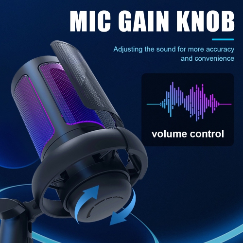 RGB USB Microphone for Gaming, Streaming & Podcasting, Quick Touch Mute, Volume Knob, Boom Arm, Type-C, 3.5mm Monitor, Shock Mount, Plug & Play Mic
