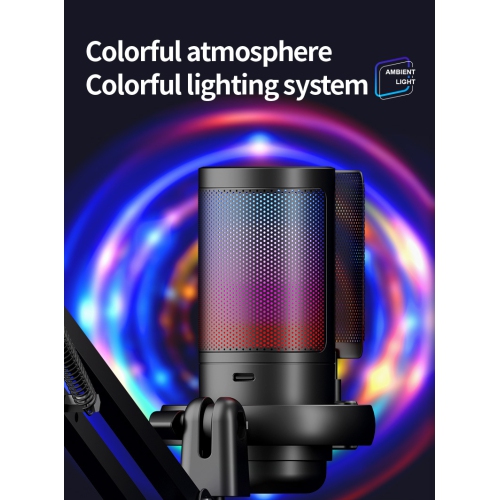 RGB USB Microphone for Gaming, Streaming & Podcasting, Quick Touch Mute, Volume Knob, Boom Arm, Type-C, 3.5mm Monitor, Shock Mount, Plug & Play Mic