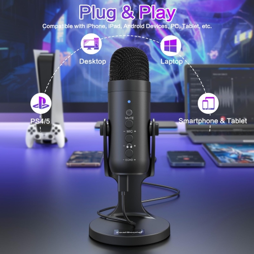 USB Microphone,Condenser Computer PC Mic,Gaming Microphones for PS 4&5.Headphone Output&Volume Control,Mic Gain Control,Mute Button for Vocal,YouTube