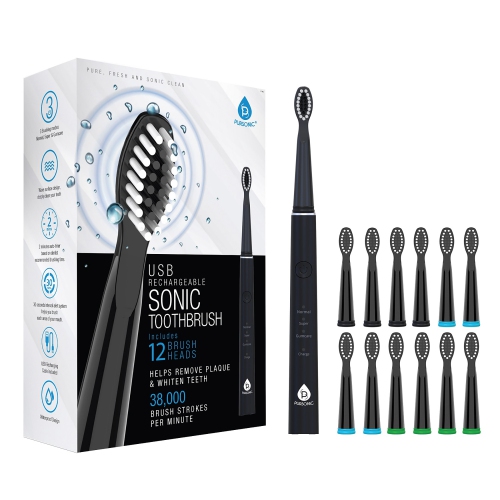 Brosse à dents sonique rechargeable USB de Pursonic avec 12 têtes de brosse - Noir