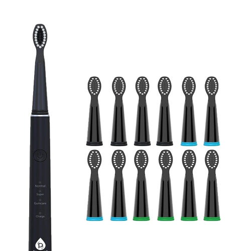 Brosse à dents sonique rechargeable USB de Pursonic avec 12 têtes de brosse - Noir
