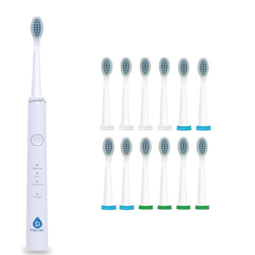 Brosse à dents sonique rechargeable USB de Pursonic avec 12 têtes de brosse - Blanc