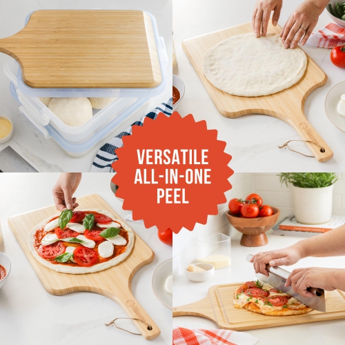 Chef Pomodoro 2-in-1 Bamboo Pizza Peel - Cutting & Serving Board, 12" Perfect Dough Transition & Space-Saving Design Nestles with Dough Boxes